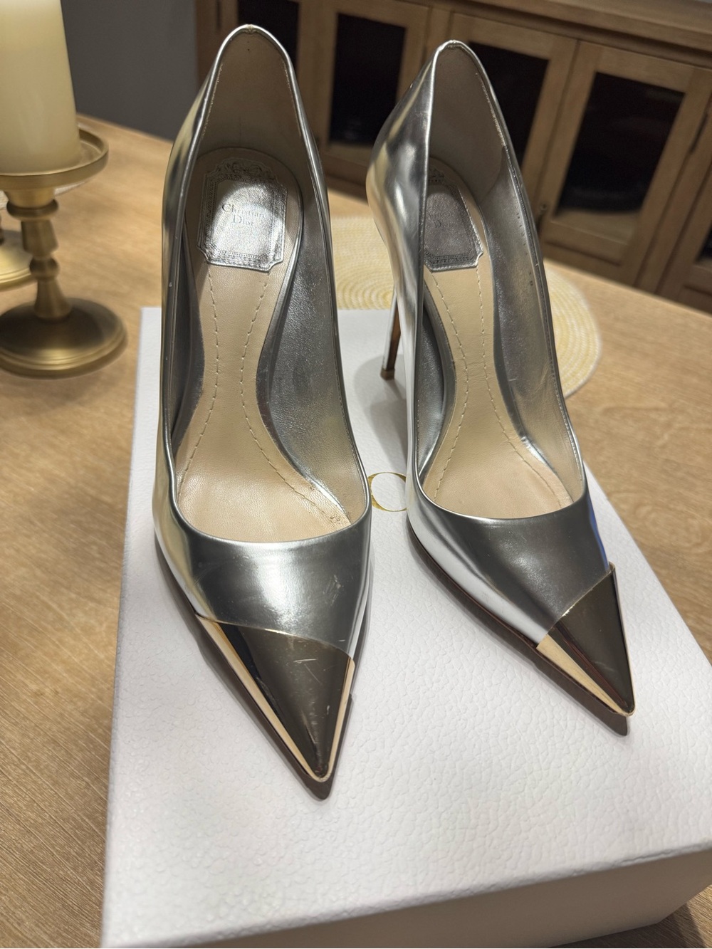 Dior Metallic Silver Pointed Toe Stiletto Pumps with Gold Tip